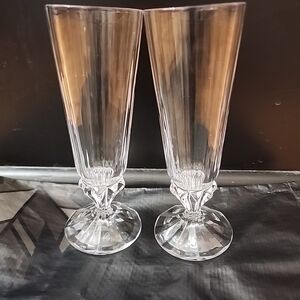 Vintage Lisa Mori Crystal Champagne Flutes x 2 Optic Wine Glasses Signed Austria